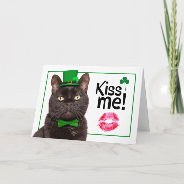 Tarjeta Festiva Feliz día de San Patricio Bésame gato con sombrero (Anverso)