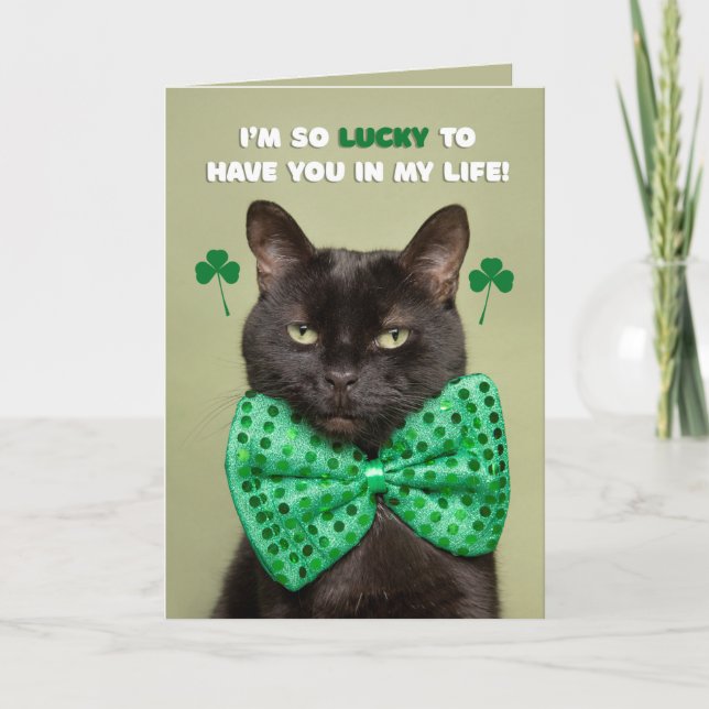 Tarjeta Festiva Feliz Día de San Patricio, humor negro de gato (Anverso)