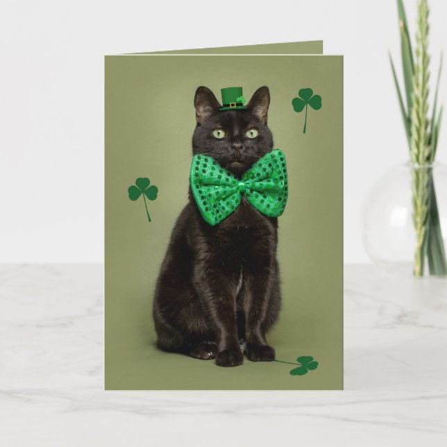 Tarjeta Festiva Feliz Día de San Patricio para cualquier gato negr (Anverso)