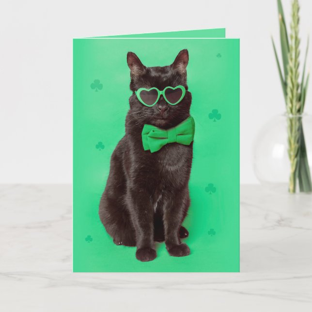 Tarjeta Festiva Feliz día de San Patricio para cualquier gato negr (Anverso)