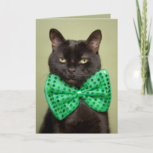 Tarjeta Festiva Feliz Día de San Patricio para cualquier gato negr (Anverso)