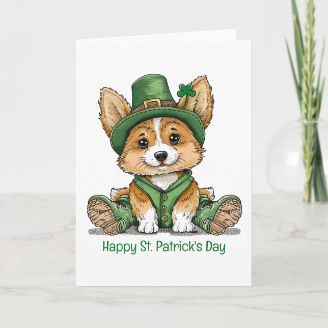 Tarjeta Festiva Feliz Día de San Patricio Perro Corgi (Anverso)