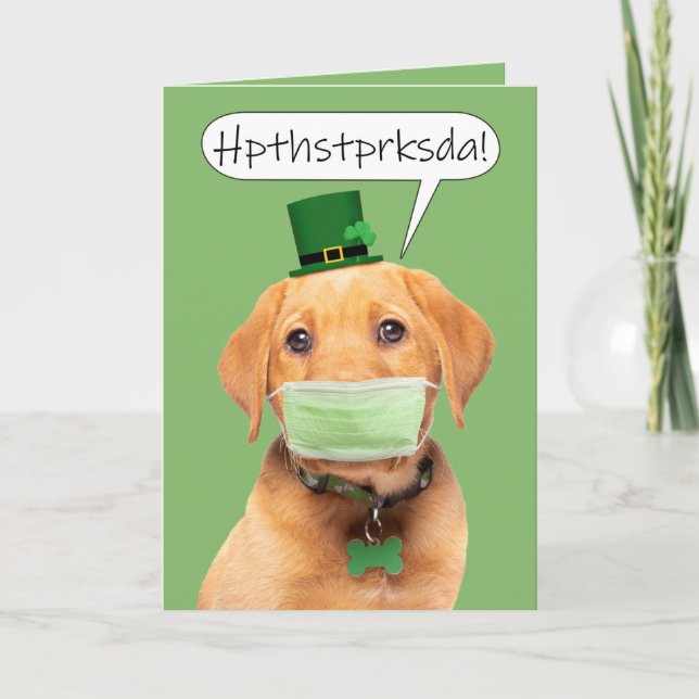 Tarjeta Festiva Feliz Día de San Patricio, Perro en la máscara de  (Anverso)