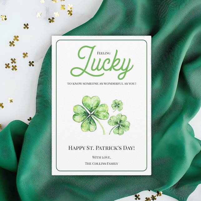 Tarjeta Festiva Feliz Día de San Patrón Verde Cuatro Leaf Lujo de  (Happy St Patrick's Day Green Four Leaf Clover Luck Holiday Card)