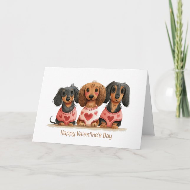 Tarjeta Festiva Feliz Día de San Valentín a los perros Dachshund (Anverso)