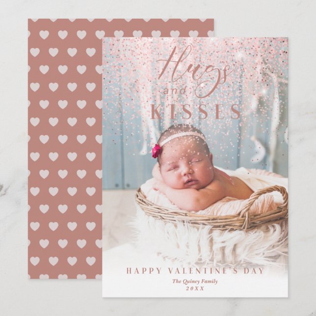 Tarjeta Festiva Feliz Día de San Valentín | Abrazos y besos rosado (Anverso / Reverso)