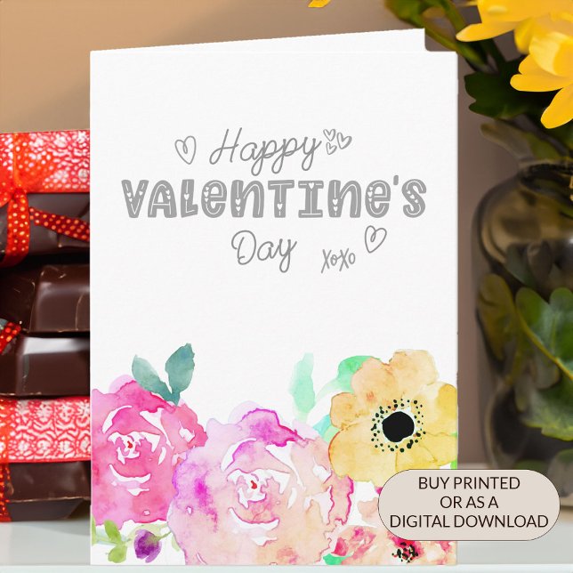 Tarjeta Festiva Feliz Día de San Valentín, acuarela (Feminine floral Valentines Day Card with whimsical style)
