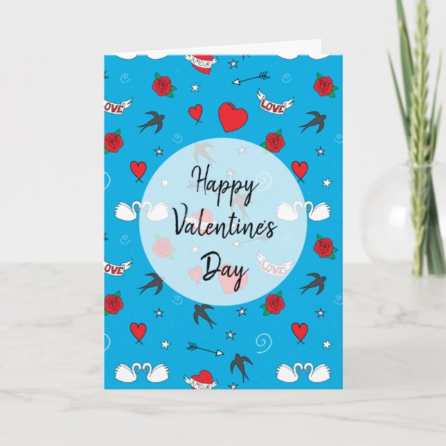 Tarjeta Festiva Feliz Día de San Valentín azul estampado retro (Anverso)