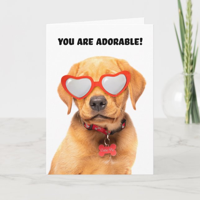 Tarjeta Festiva Feliz Día de San Valentín con cachorro en gafas de (Anverso)