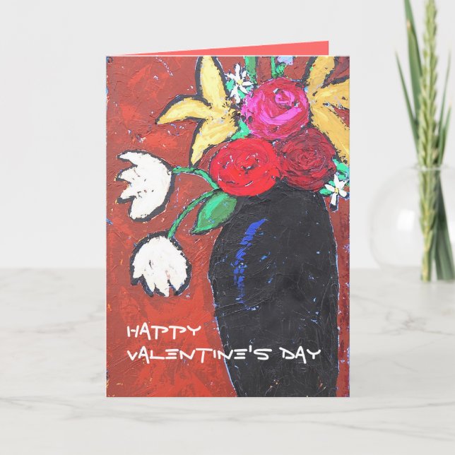 Tarjeta Festiva Feliz Día de San Valentín con piano y flores (Anverso)