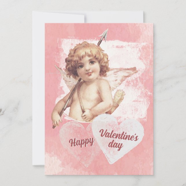 Tarjeta Festiva Feliz día de San Valentín Cupido Corazón Rosa Vint (Anverso)