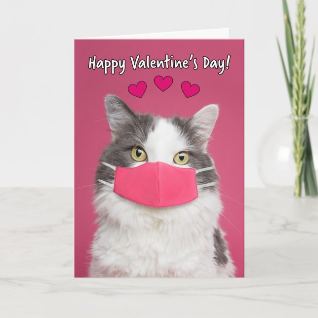 Tarjeta Festiva Feliz Día de San Valentín, gato gatito en la másca (Anverso)