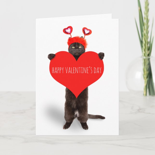 Tarjeta Festiva Feliz día de San Valentín Gato Lindo Sosteniendo C (Anverso)