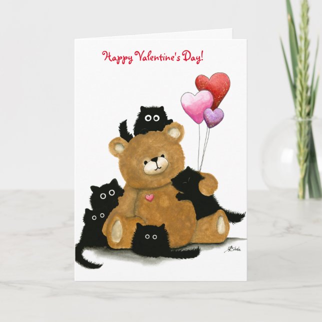 Tarjeta Festiva Feliz Día de San Valentín gatos negros por Bihrle  (Anverso)