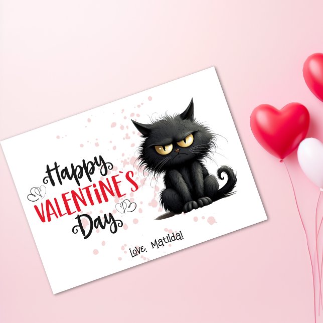 Tarjeta Festiva Feliz Día de San Valentín Gracioso Gato Negro (Happy Valentines Day Funny Black Cat Holiday Card)