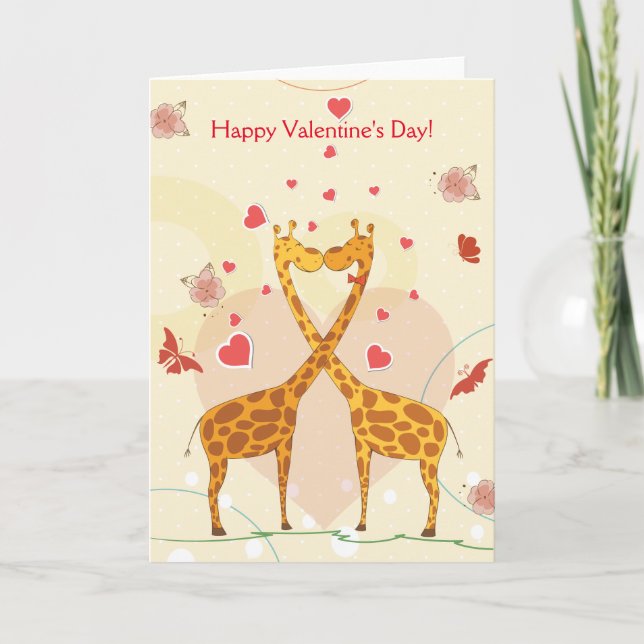 Tarjeta Festiva Feliz Día de San Valentín, jirafas rosas ricas de  (Anverso)