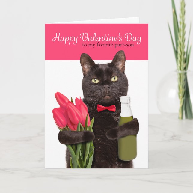 Tarjeta Festiva Feliz Día de San Valentín lindo gato con flores (Anverso)