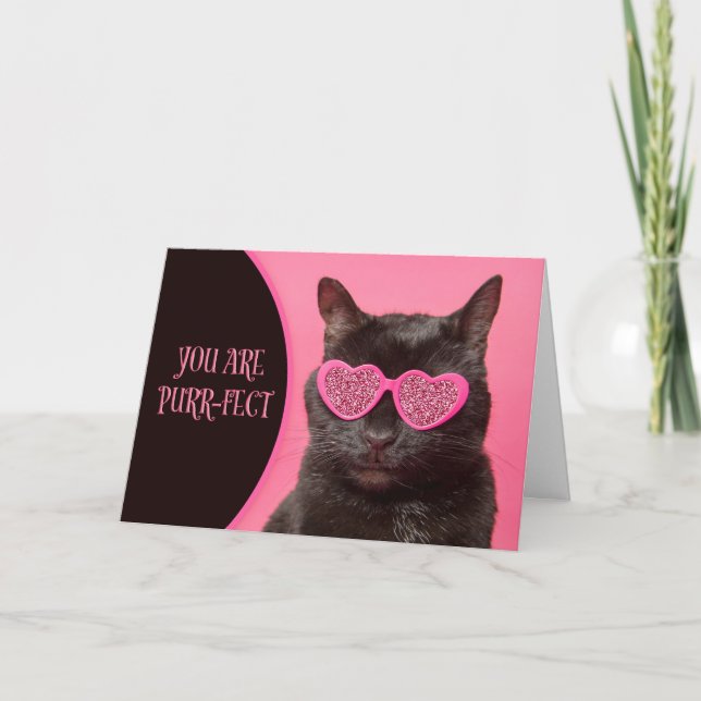 Tarjeta Festiva Feliz Día de San Valentín lindo gato en gafas Purp (Anverso)