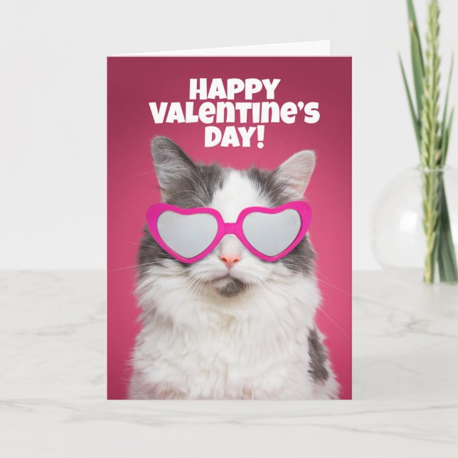 Tarjeta Festiva Feliz Día de San Valentín lindo gato en Heart Sung (Anverso)