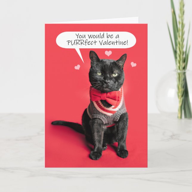 Tarjeta Festiva Feliz Día de San Valentín lindo gato vestido con h (Anverso)