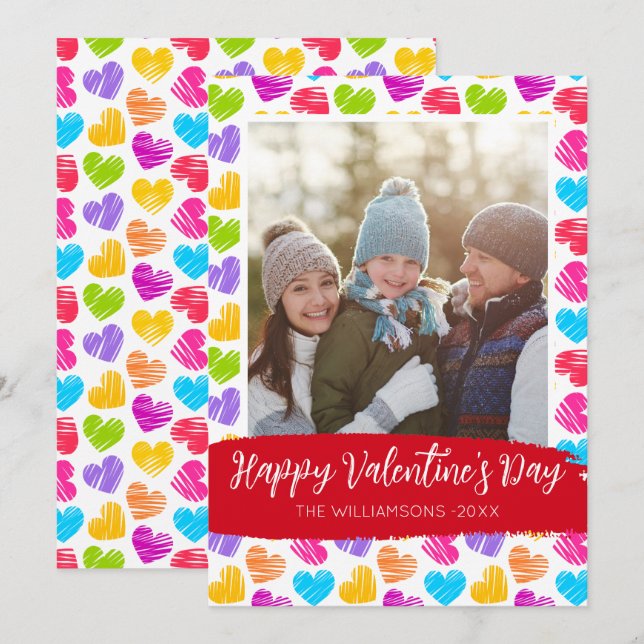 Tarjeta Festiva Feliz Día de San Valentín moderno y vibrante foto (Anverso / Reverso)