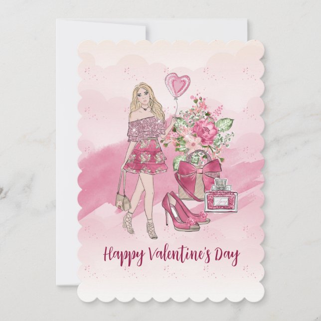 Tarjeta Festiva Feliz día de San Valentín Mujer Rubia (Anverso)
