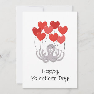 Tarjeta Festiva Feliz Día de San Valentín Octopus Globos de Corazó