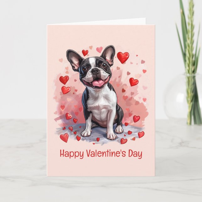 Tarjeta Festiva Feliz Día de San Valentín Perro Terrier de Boston (Anverso)