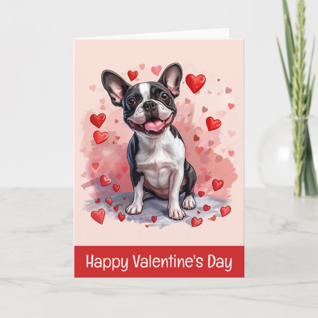 Tarjeta Festiva Feliz Día de San Valentín Perro Terrier de Boston (Anverso)