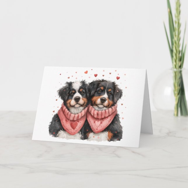 Tarjeta Festiva Feliz Día de San Valentín Perros de Montaña Bernes (Anverso)
