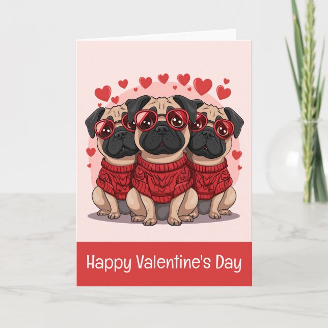 Tarjeta Festiva Feliz Día de San Valentín Perros Pug (Anverso)