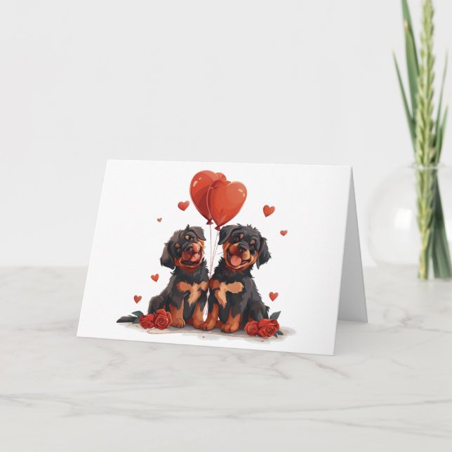 Tarjeta Festiva Feliz Día de San Valentín, perros Rottweiler (Anverso)