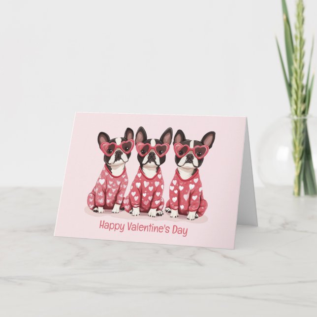 Tarjeta Festiva Feliz Día de San Valentín Perros Terrier de Boston (Anverso)