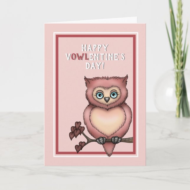 Tarjeta Festiva Feliz día de San Valentín rosado en V-owl-entine (Anverso)