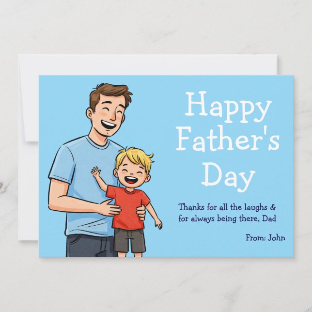 Tarjeta Festiva Feliz Día del Padre Caricatura Papá e Hijo Azul (Anverso)