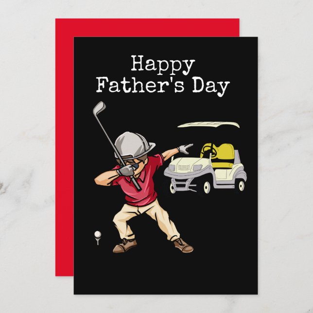 Tarjeta Festiva Feliz Día del Padre golfista haciendo dab negro (Anverso / Reverso)