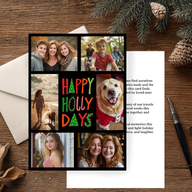 Tarjeta Festiva FELIZ DÍAS DE SALUD PERSONALIZADO de mano 6 FOTOS  (HAPPY HOLLY DAYS Hand-Drawn CUSTOM 6 PHOTO Xmas Holiday Card
)