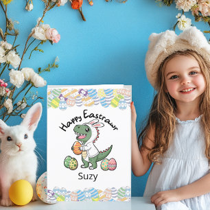 Tarjeta Festiva Feliz Dinosaurio de Pascua usando un abrigo de con