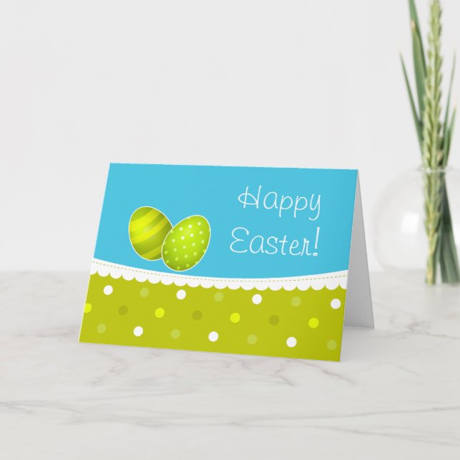 Tarjeta Festiva Feliz diseño azul verde de huevos de Pascua (Anverso)