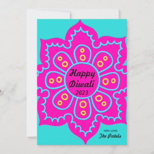 Tarjeta Festiva Feliz Diwali 2022 Blue Rangoli color turquesa rosa