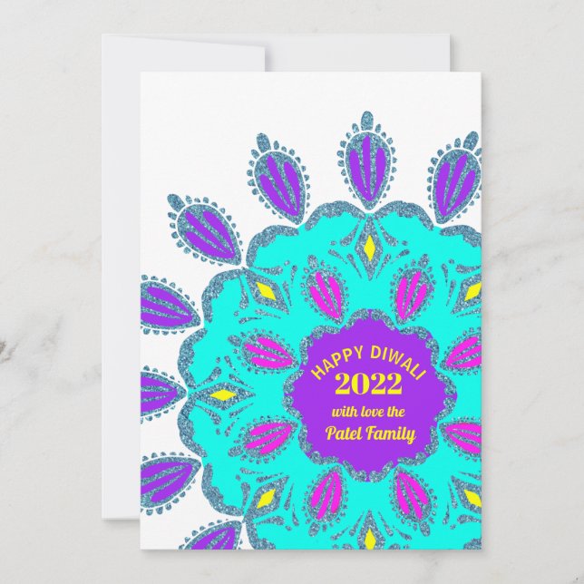 Tarjeta Festiva Feliz Diwali 2022 Ragnoli, Purpurina azul morado r (Anverso)