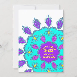 Tarjeta Festiva Feliz Diwali 2022 Ragnoli, Purpurina azul morado r