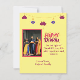 Tarjeta Festiva Feliz Diwali amarillo con foto familiar