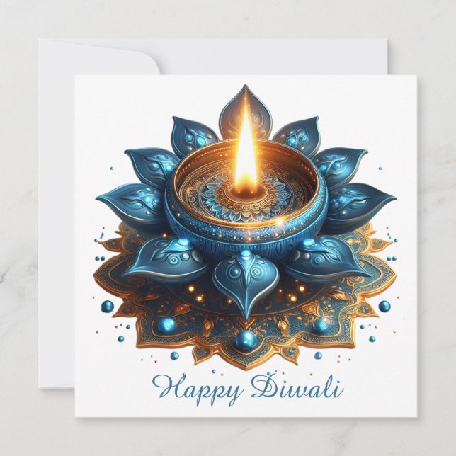 Tarjeta Festiva Feliz Diwali Blue Gold Festival de la Luz (Anverso)