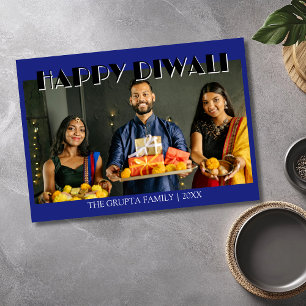 Tarjeta Festiva Feliz Diwali de Foto Tradicional Azul Medianoche
