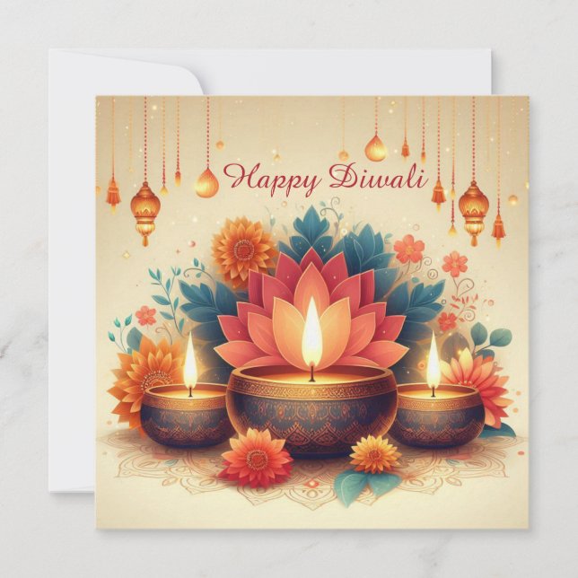 Tarjeta Festiva Feliz Diwali Diya Lotus Festival de Floral Ligera (Anverso)
