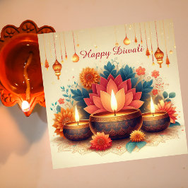 Tarjeta Festiva Feliz Diwali Diya Lotus Festival de Floral Ligera