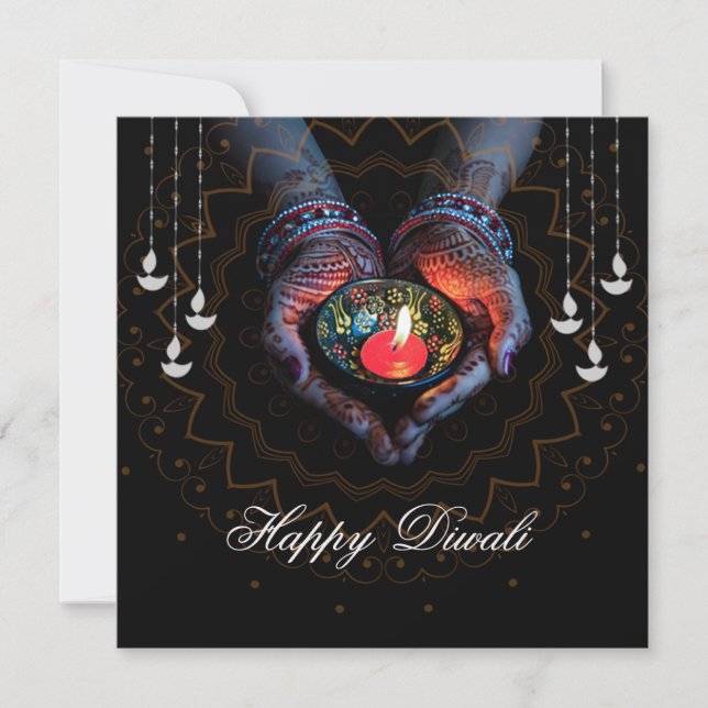 Tarjeta Festiva Feliz Diwali Diya Mandala Festival de la Luz Negra (Anverso)