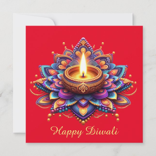 Tarjeta Festiva Feliz Diwali Diya Rangoli Festival de la Luz Roja (Anverso)