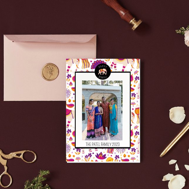 Tarjeta Festiva Feliz Diwali Elephant Holiday Photo Card (Subido por el creador)